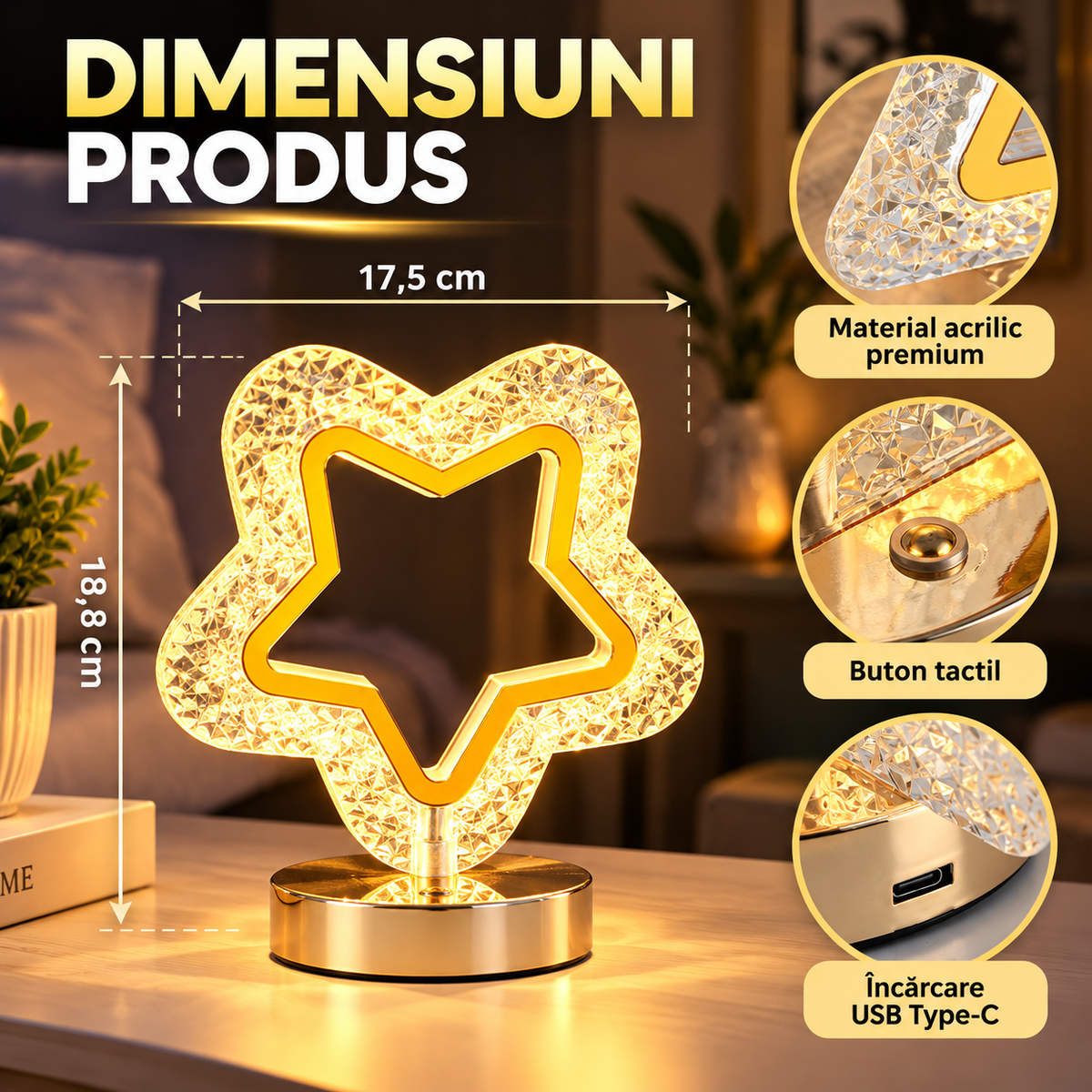 Lampă Decorativă LED în Formă de Stea, Efect Cristal 3D, Lumină RGBW, 3 Intensități, Control Tactil, Acumulator Reîncărc