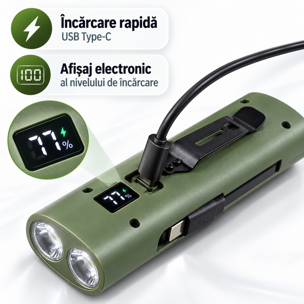 Lanternă Reîncărcabilă Power Light PBL-3000, 600 lm, Powerbank 3000 mAh, USB Type-C, Afișaj Baterie, Suport Bicicletă
