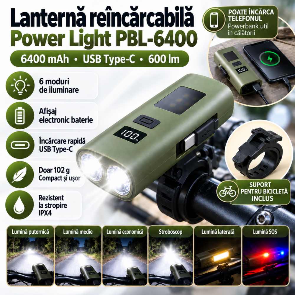 Lanternă Reîncărcabilă Power Light PBL-3000, 600 lm, Powerbank 3000 mAh, USB Type-C, Afișaj Baterie, Suport Bicicletă