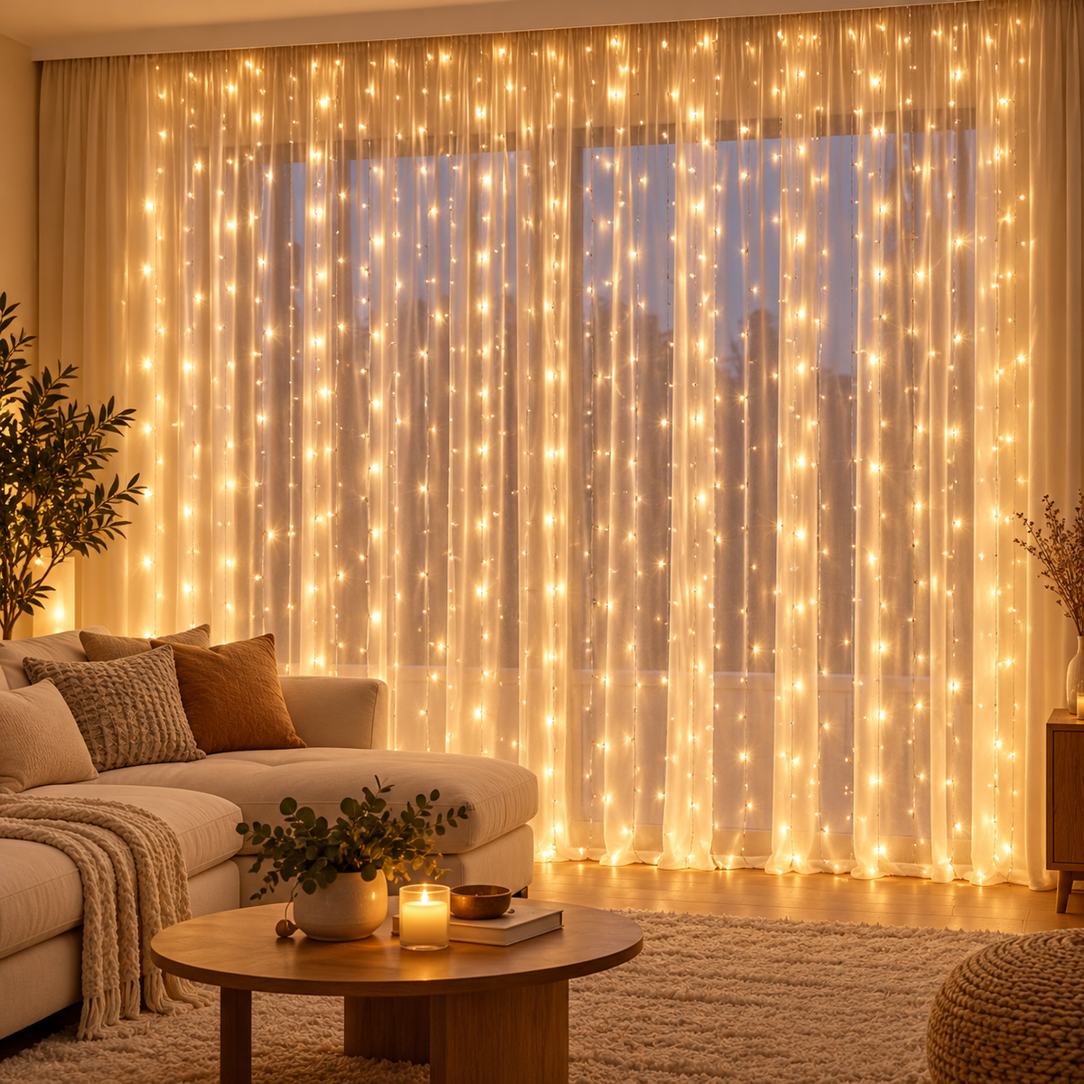 Instalatie decorativa cu telecomanda, Tip Perdea Luminoasa cu fir de cupru, 3m X 3m, 300 LED, 8 Moduri, Alb Cald