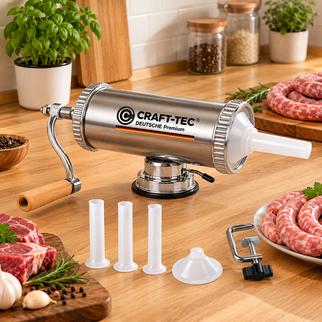 Aparat Profesional de Făcut Cârnați,  Capacitate 2.5 KG, Inox, Prindere cu Ventuză, 3 Pâlnii Incluse