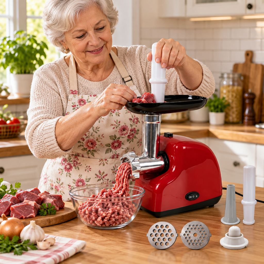 Mașină de Tocat Carne Electrică, 3500W, 1.2 kg/min, 2 Site Inox, Funcție Reverse, Accesoriu Cârnați, Roșie