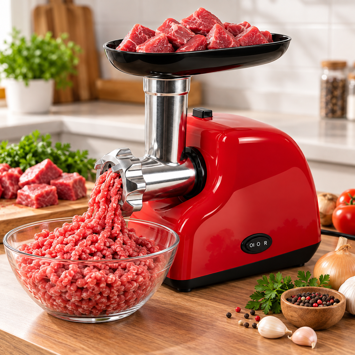 Mașină de Tocat Carne Electrică, 3500W, 1.2 kg/min, 2 Site Inox, Funcție Reverse, Accesoriu Cârnați, Roșie