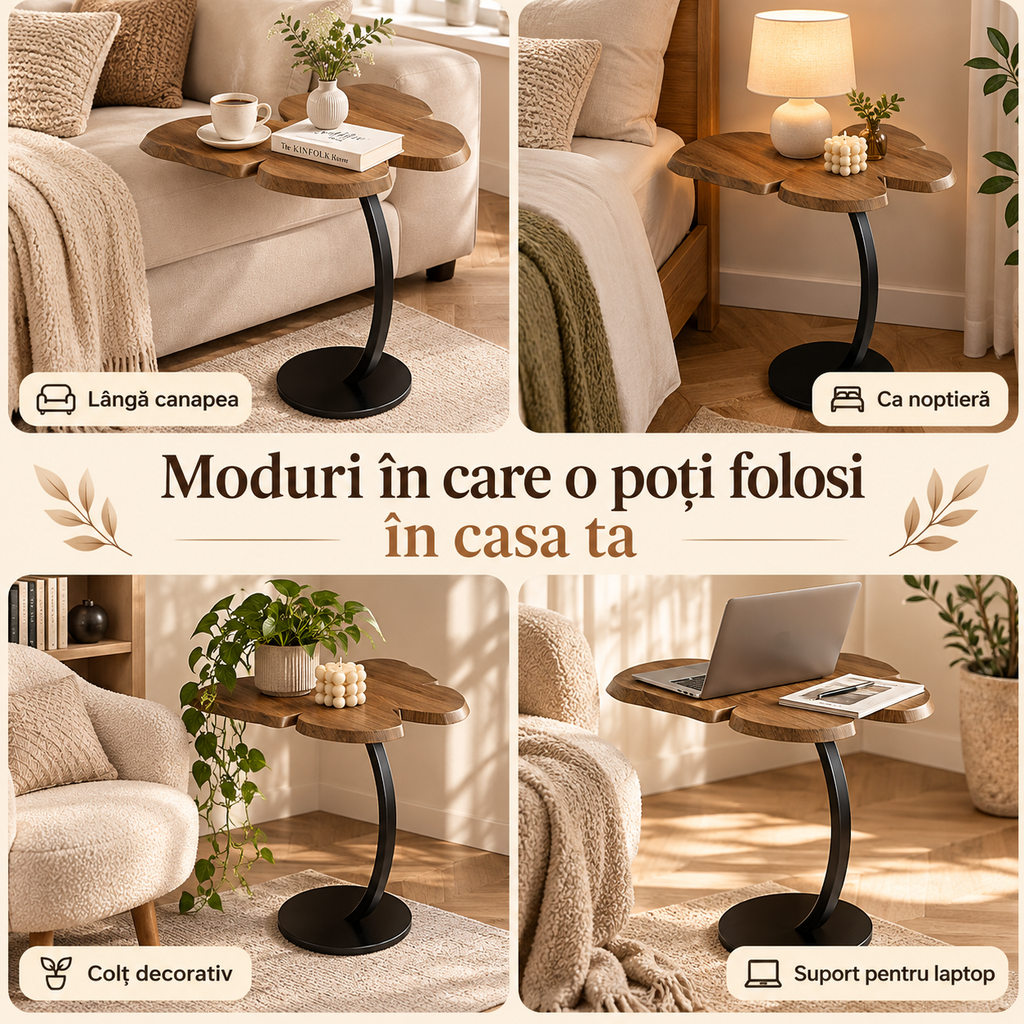 Măsuță de cafea tip Fluture, Blat de Lemn și Cadru Metalic – 58 × 43 cm