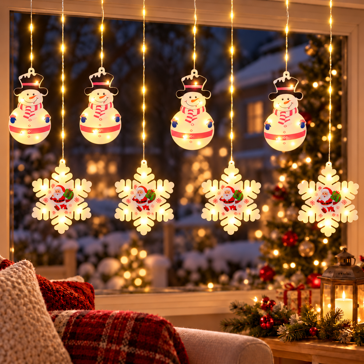 Instalație de Crăciun Tip Perdea, 3 m × 0,8 m, 4 Oameni de Zapada și 4 Fulgi de Nea cu Imprimeuri Festive, Alb Cald