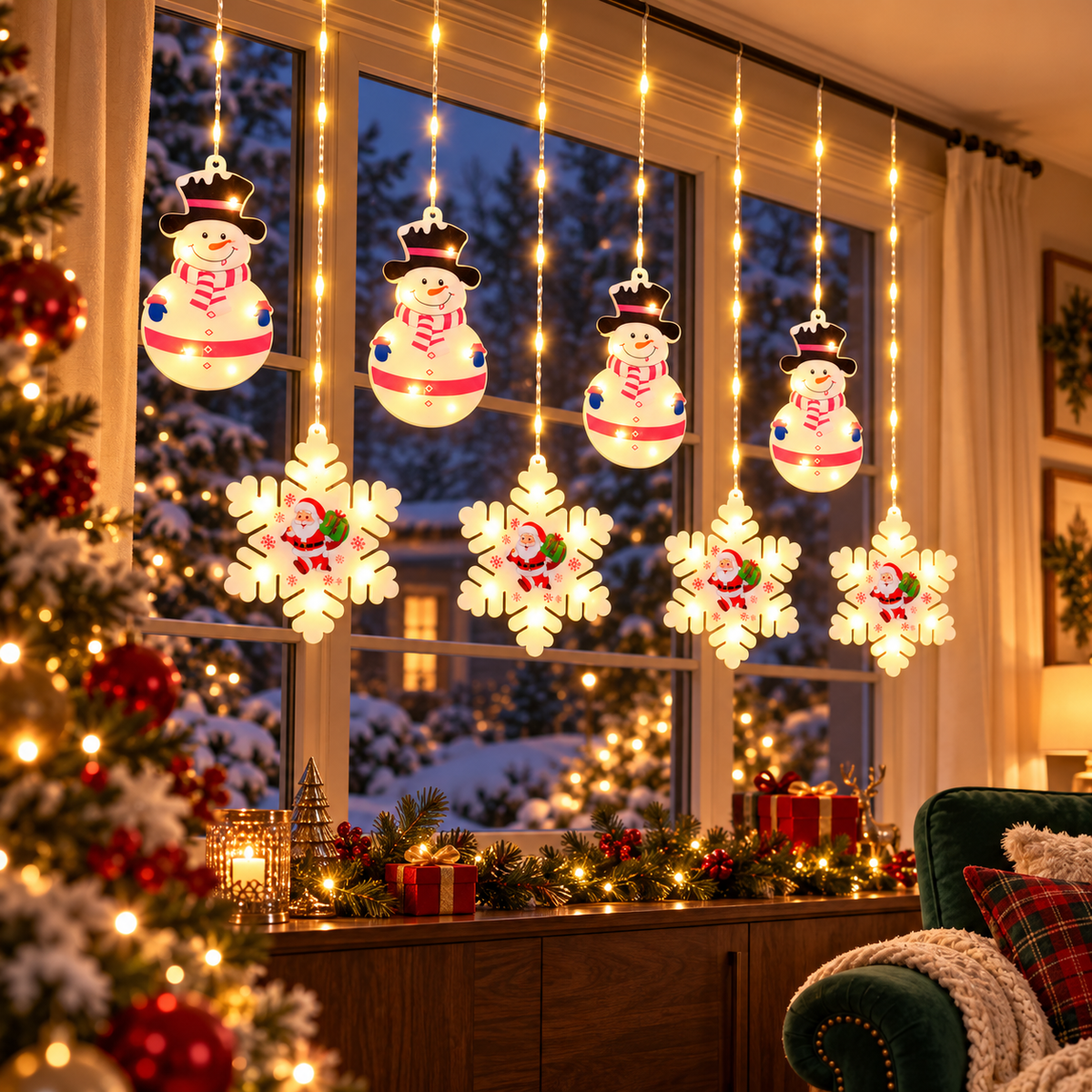 Instalație de Crăciun Tip Perdea, 3 m × 0,8 m, 4 Oameni de Zapada și 4 Fulgi de Nea cu Imprimeuri Festive, Alb Cald