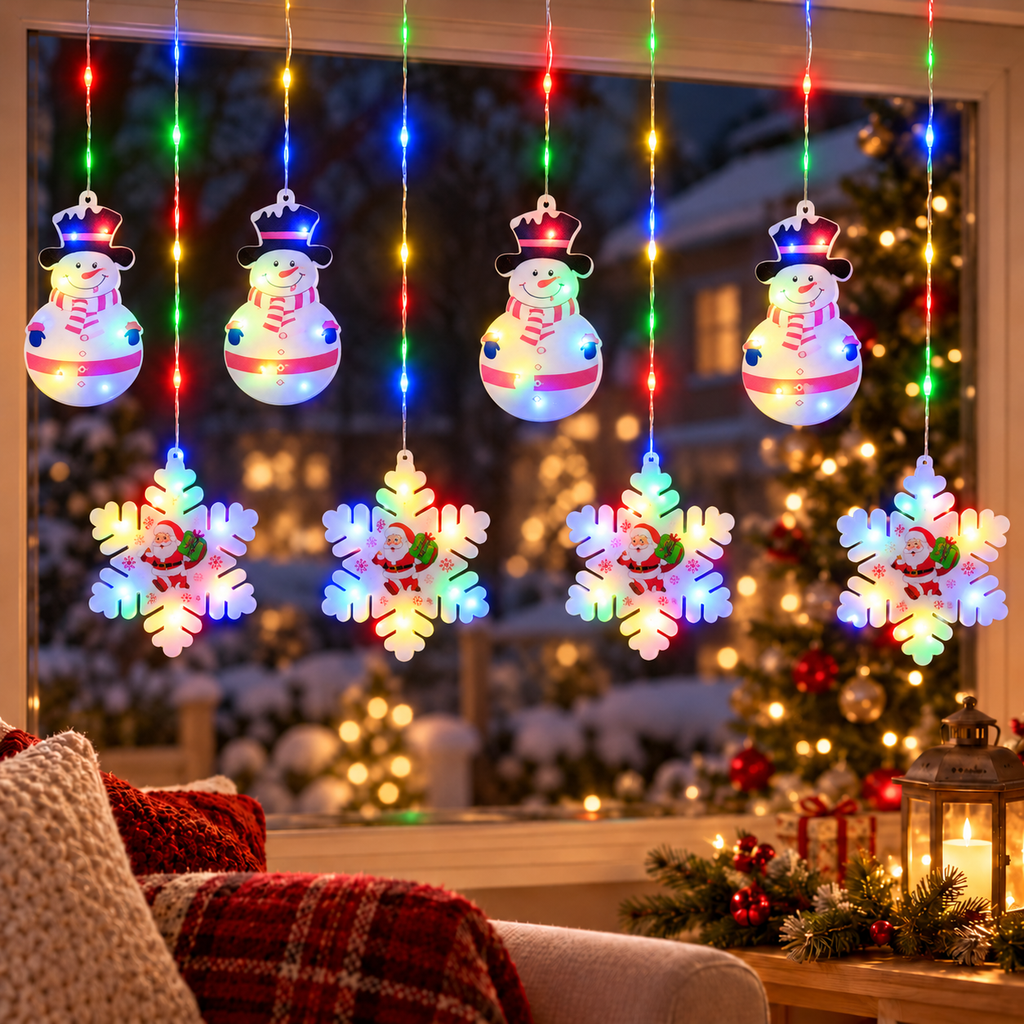 Instalație de Crăciun Tip Perdea, 3 m × 0,8 m, 4 Oameni de Zapada și 4 Fulgi de Nea cu Imprimeuri Festive, LED Multicolo