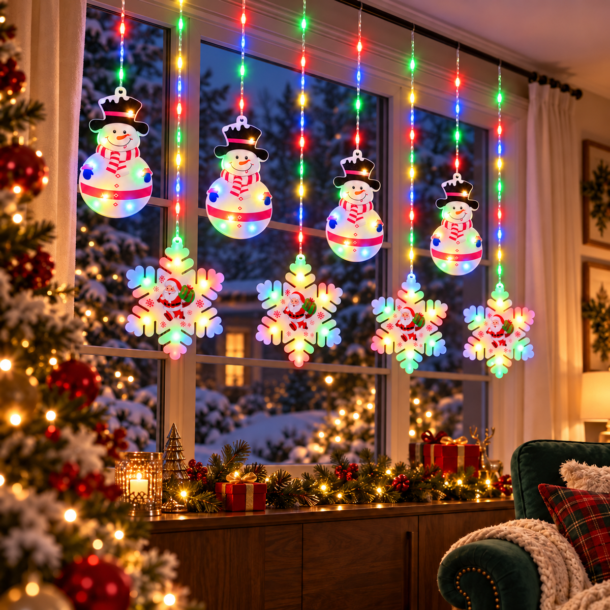 Instalație de Crăciun Tip Perdea, 3 m × 0,8 m, 4 Oameni de Zapada și 4 Fulgi de Nea cu Imprimeuri Festive, LED Multicolo