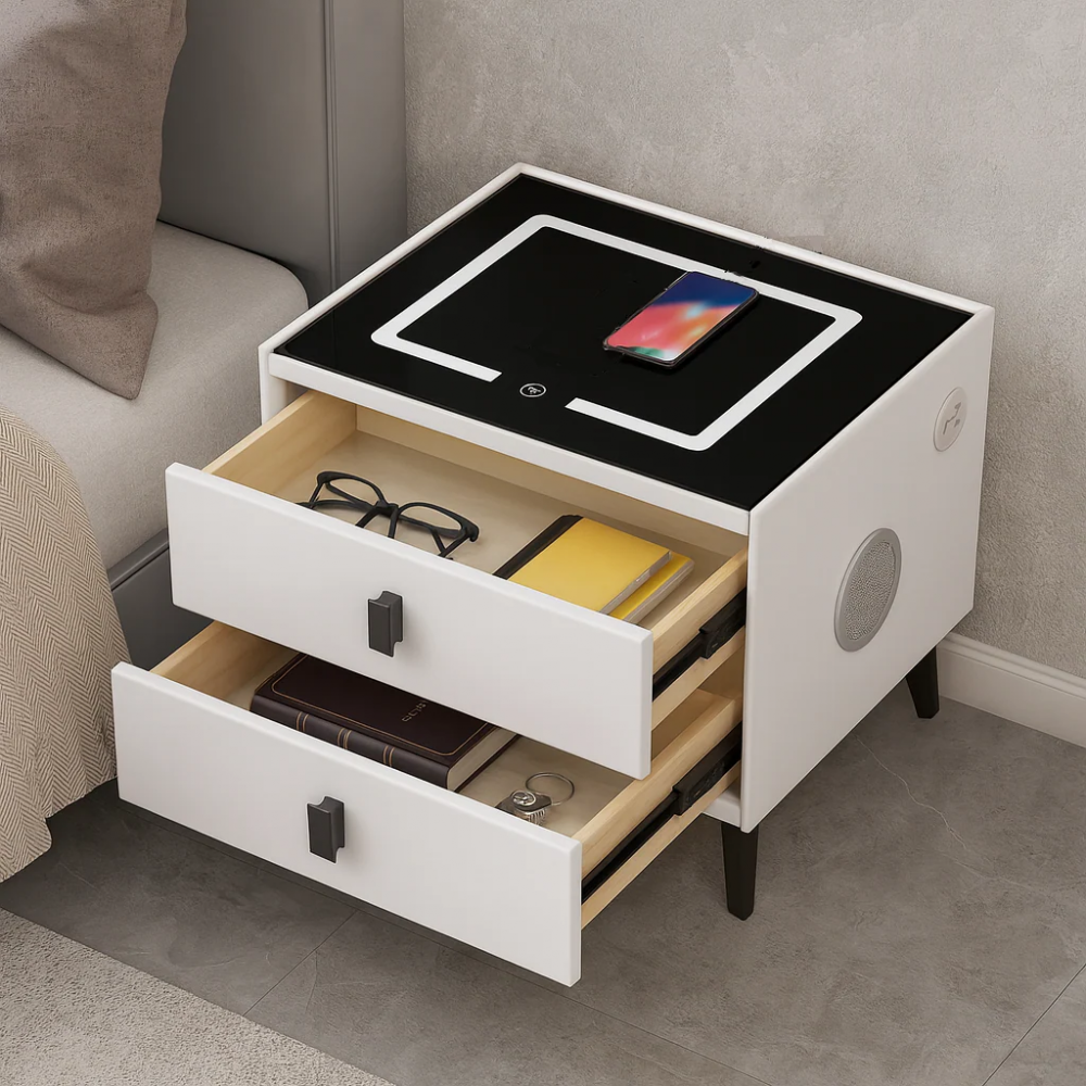 Noptiera Smart Multifunctionala, iluminare LED tactil cu 3 culori, incarcare wireless si USB, difuzor Bluetooth, 2 sertare, Crem
