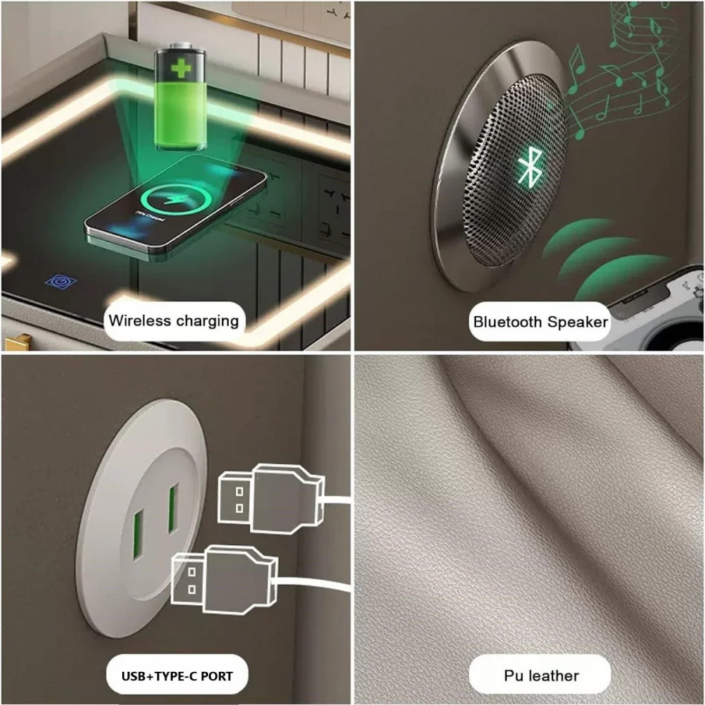 Noptiera Smart Multifunctionala, iluminare LED tactil cu 3 culori, incarcare wireless si USB, difuzor Bluetooth, 2 sertare, Crem