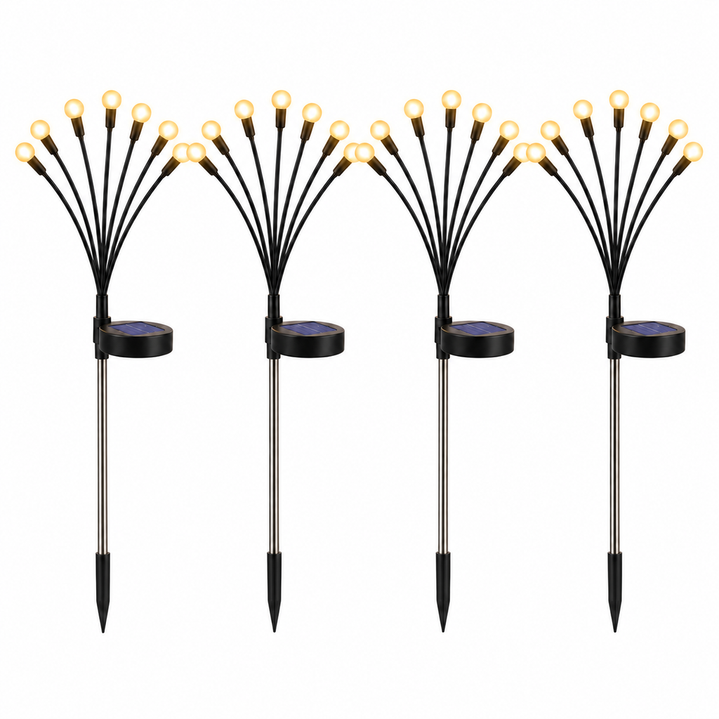 Set 4 x Lampa Solara Licurici pentru Gradina, 6 LED-uri, 70 cm, Lumina Alb Cald