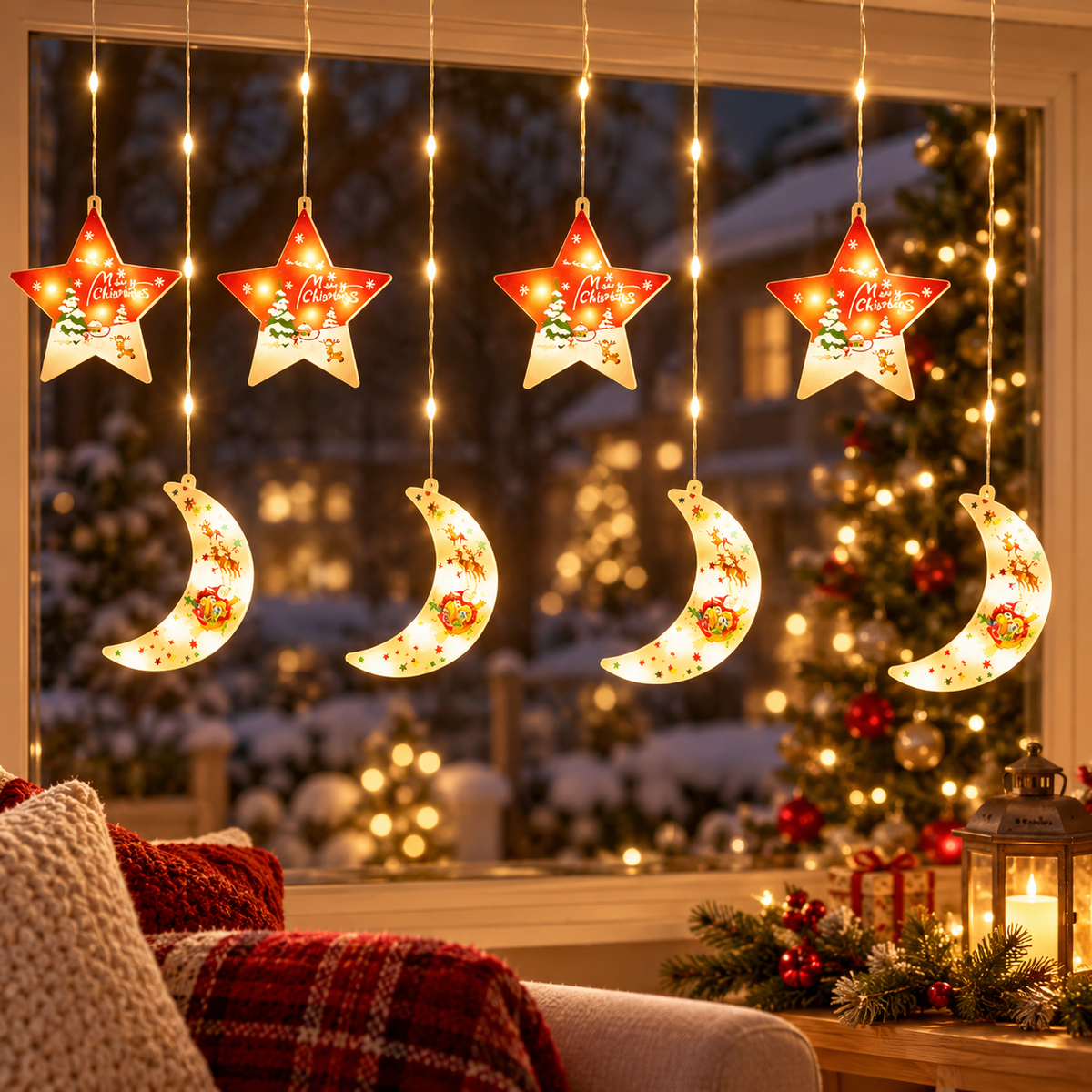 Instalație de Crăciun Tip Perdea, 3 m × 0,8 m, 4 Stele și 4 Semiluni cu Imprimeuri Festive, Alb Cald