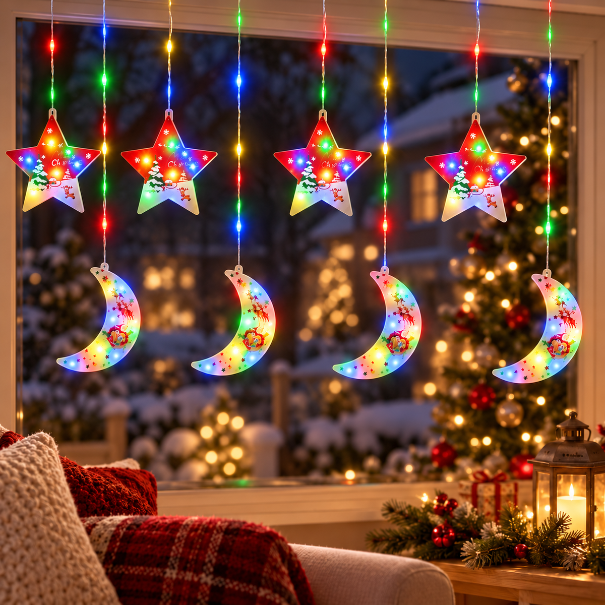 Instalație de Crăciun Tip Perdea, 3 m × 0,8 m, 4 Stele și 4 Semiluni cu Imprimeuri Festive, Multicolor