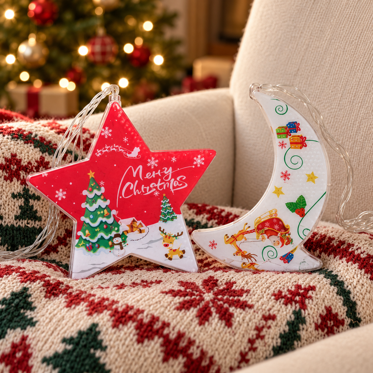Instalație de Crăciun Tip Perdea, 3 m × 0,8 m, 4 Stele și 4 Semiluni cu Imprimeuri Festive, Alb Cald