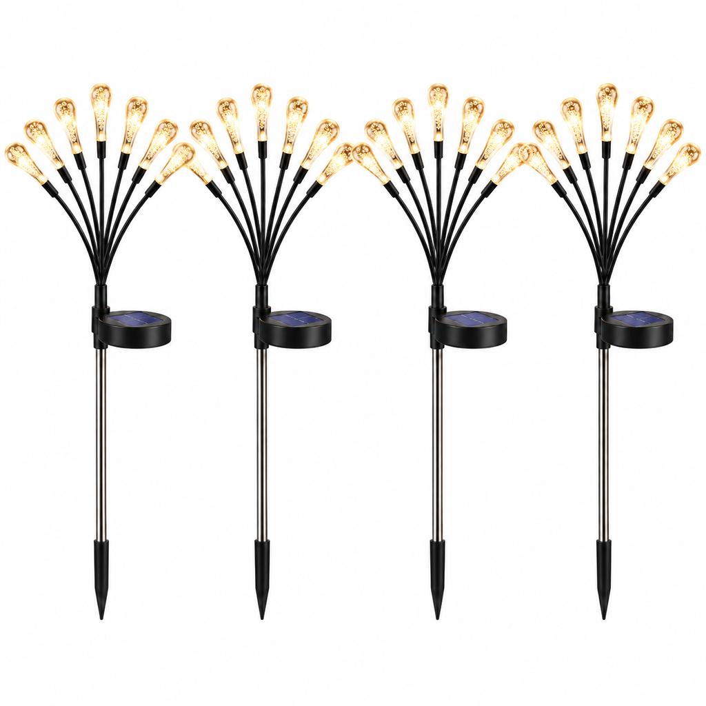 Set 4 x Lampa Solara Picaturi de Apa pentru Gradina, 8 LED-uri, 70 cm, Lumina Alb Cald