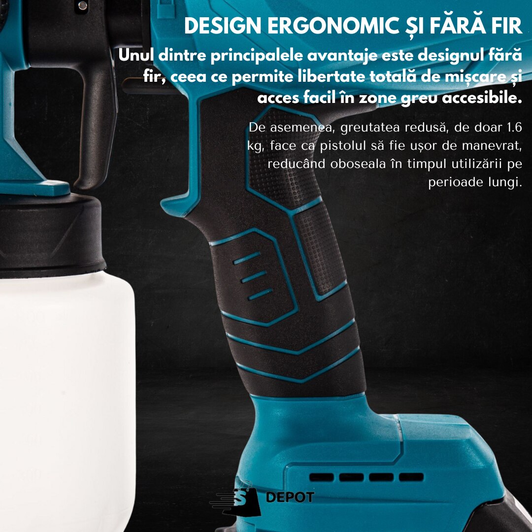 Pistol pentru vopsit profesional OKBOONS™, fara fir, 48V, electric, cu 2 acumulatori Li-Ion, 210W, capacitate 800 ml