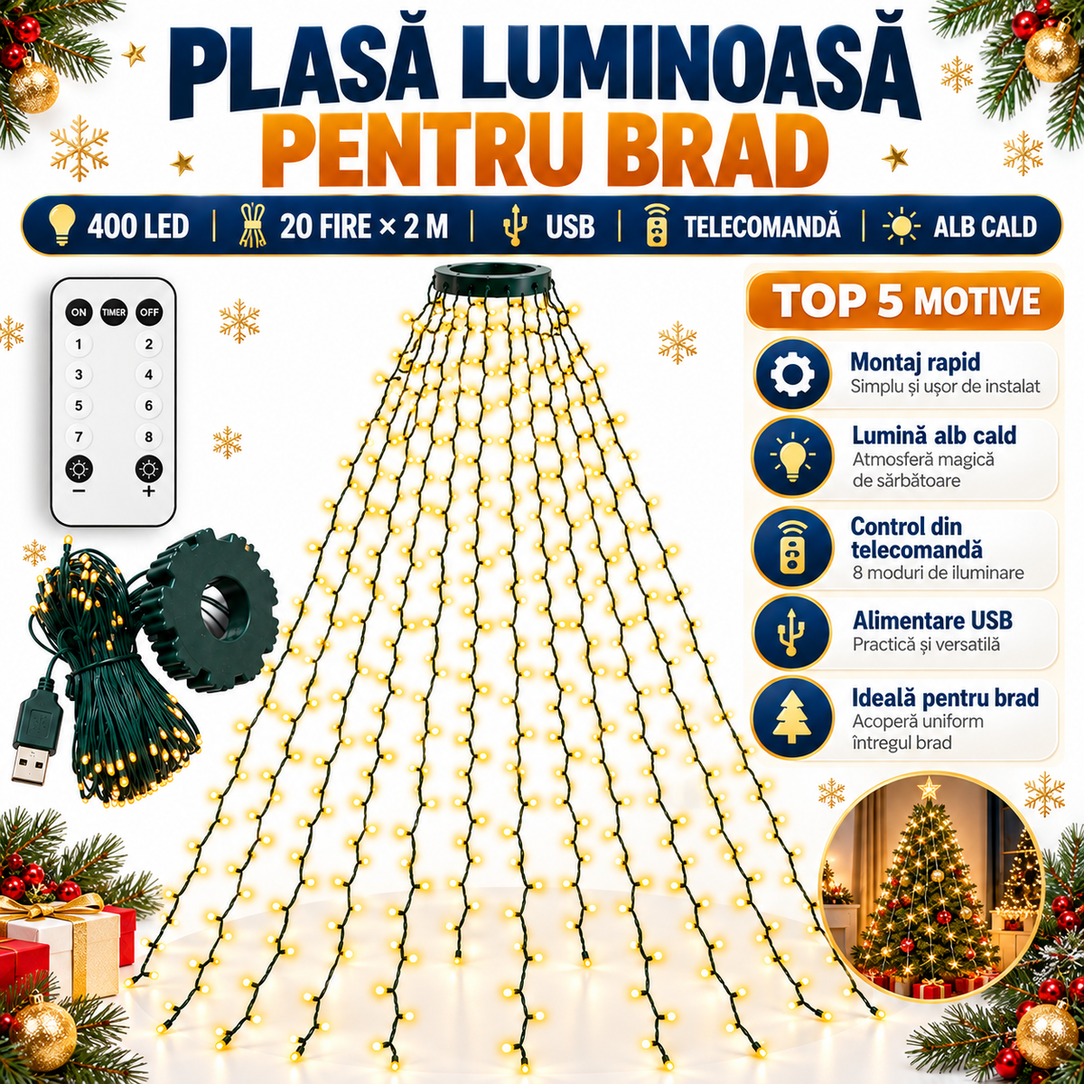 Plasă Luminoasă pentru Brad de Crăciun, 400 LED-uri, 20 Fire × 2 m, Telecomandă, 8 Moduri de Iluminare, Alimentare USB, 
