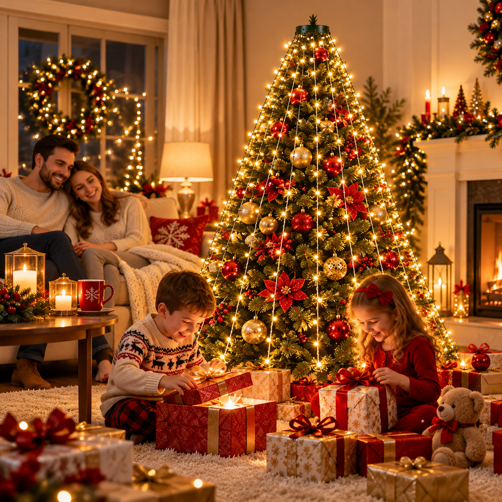 Plasă Luminoasă pentru Brad de Crăciun, 400 LED-uri, 20 Fire × 2 m, Telecomandă, 8 Moduri de Iluminare, Alimentare USB, 