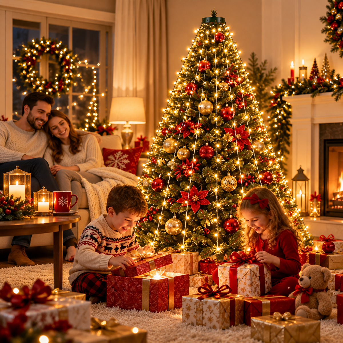 Plasă Luminoasă pentru Brad de Crăciun, 400 LED-uri, 20 Fire × 2 m, Telecomandă, 8 Moduri de Iluminare, Alimentare USB, 