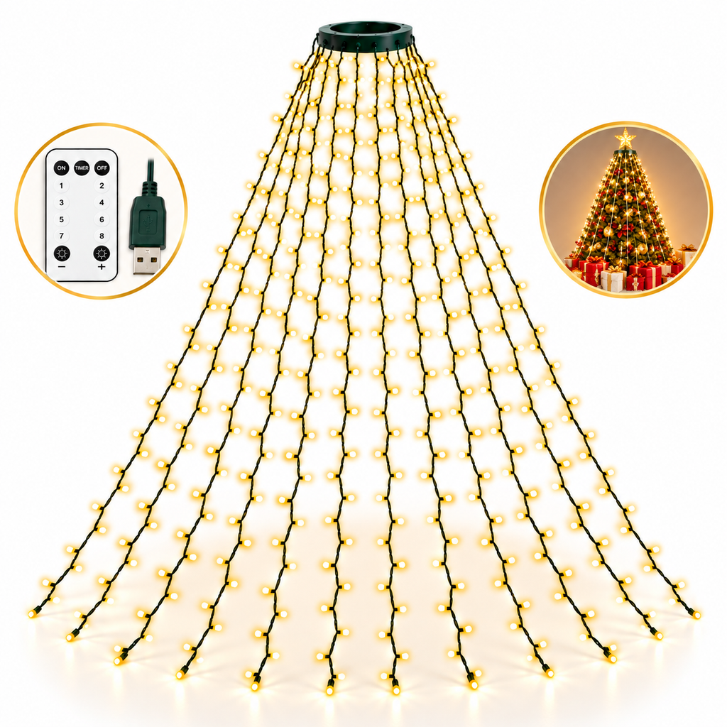 Plasă Luminoasă pentru Brad de Crăciun, 400 LED-uri, 20 Fire × 2 m, Telecomandă, 8 Moduri de Iluminare, Alimentare USB, 