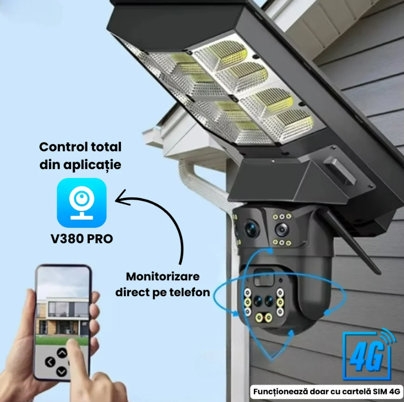 Lampa Solara cu Camera de Supraveghere SIM 4G, Aplicatie Mobila V380, 1920x2160, Microfon + Difuzor încorporat