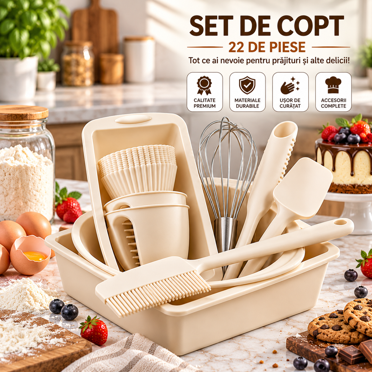 Set Premium pentru Copt 22 Piese, Forme și Ustensile din Silicon Alimentar, Antiaderente, pentru Prăjituri, Checuri, Bri