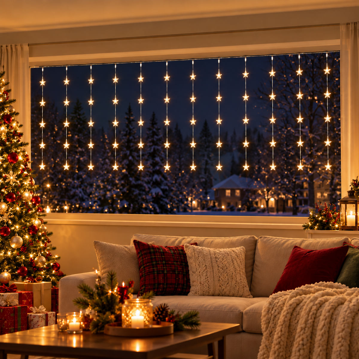 Instalație de Crăciun Tip Perdea Luminoasă cu 60 de Steluțe LED, 3m x 1m, 10 Fire cu Câte 6 Stele, Interconectabilă, Lum