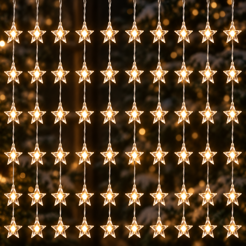 Instalație de Crăciun Tip Perdea Luminoasă cu 60 de Steluțe LED, 3m x 1m, 10 Fire cu Câte 6 Stele, Interconectabilă, Lum