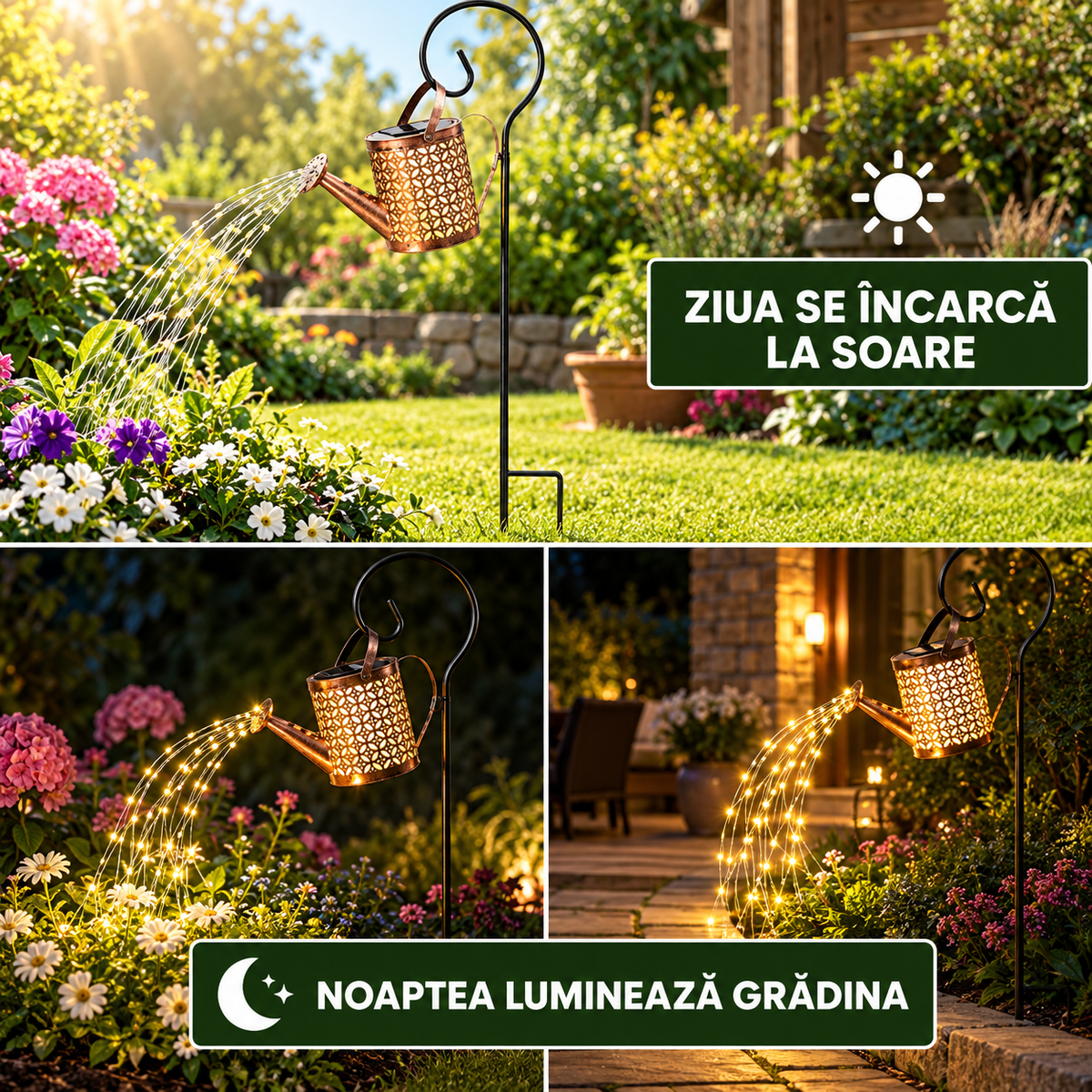 Lampă Solară LED Tip Stropitoare, Fier Forjat, Design Retro, Proiectie Lumină Caldă, 80cm