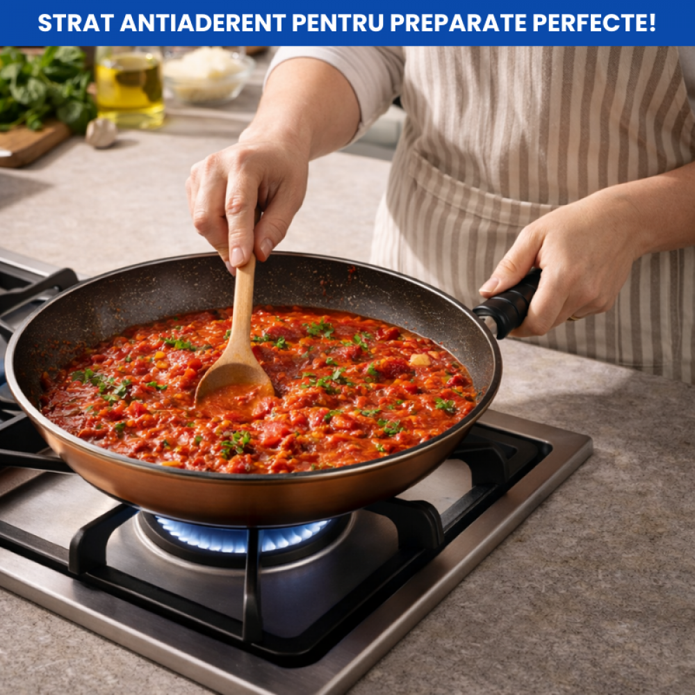 Tigaie Adâncă Tip Wok cu Strat Antiaderent – 30 cm, Oțel Carbon cu Finisaj Cupru