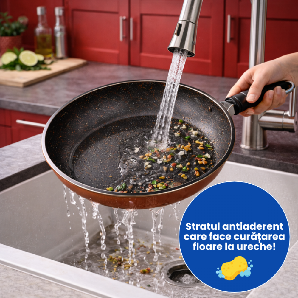 Tigaie Adâncă Tip Wok cu Strat Antiaderent – 30 cm, Oțel Carbon cu Finisaj Cupru