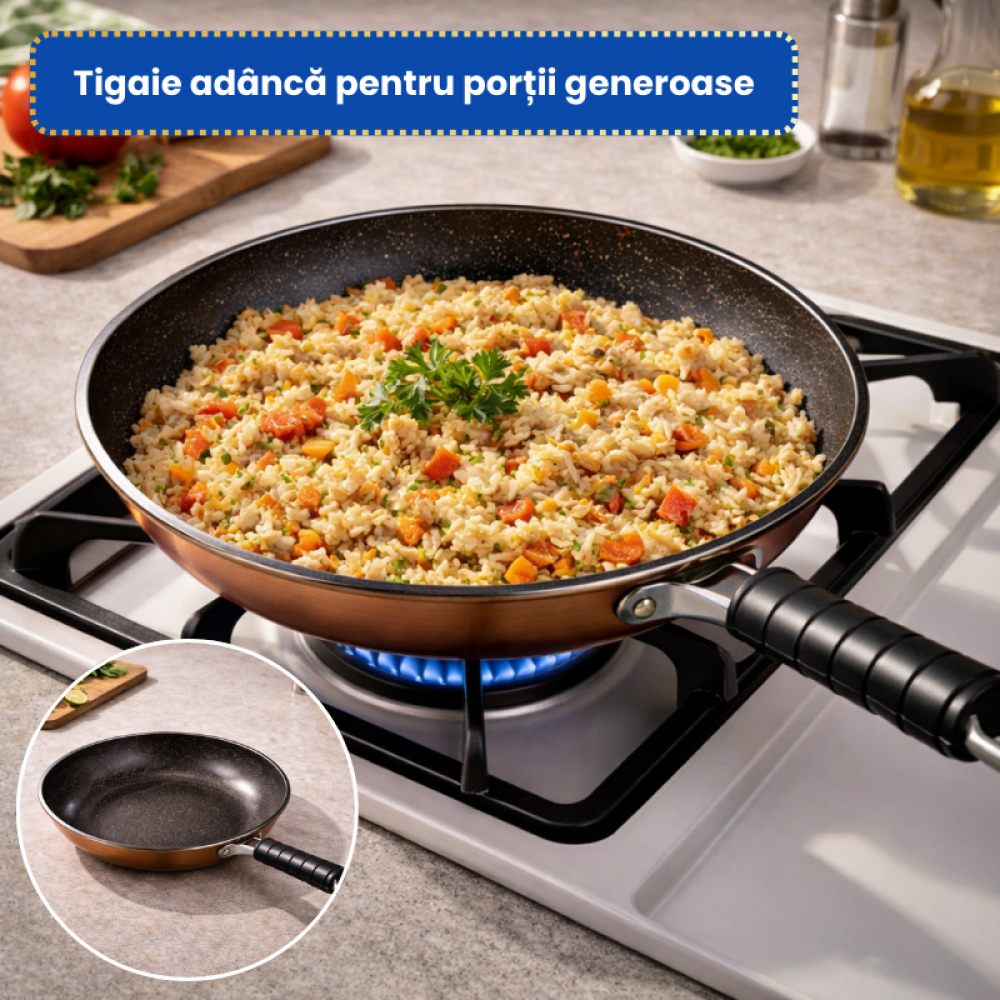 Tigaie Adâncă Tip Wok cu Strat Antiaderent – 30 cm, Oțel Carbon cu Finisaj Cupru