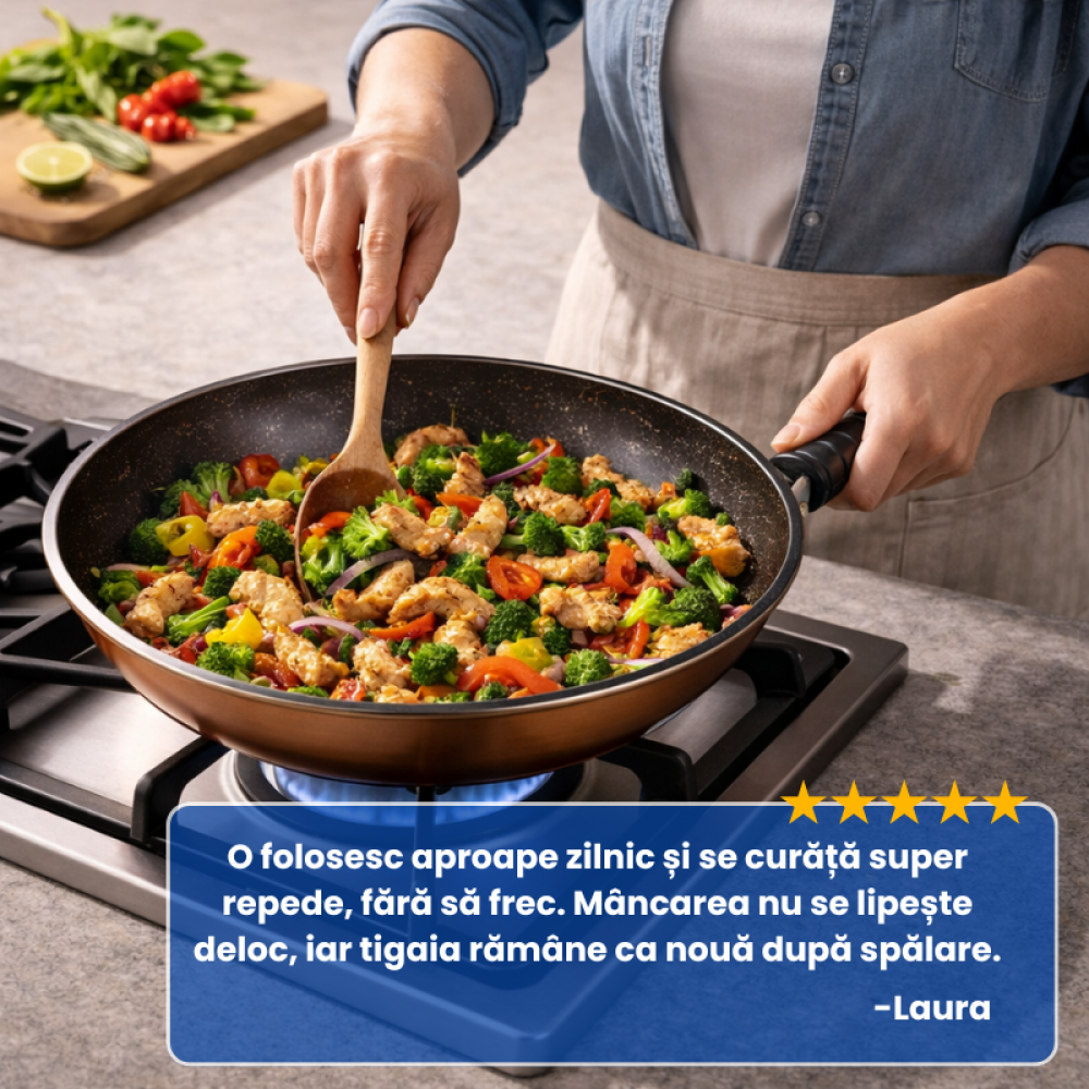 Tigaie Adâncă Tip Wok cu Strat Antiaderent – 30 cm, Oțel Carbon cu Finisaj Cupru