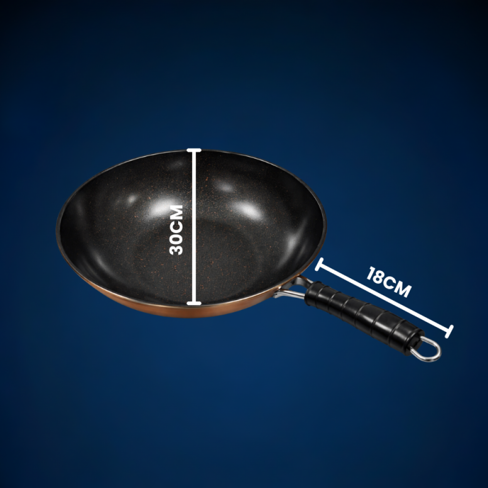 Tigaie Adâncă Tip Wok cu Strat Antiaderent – 30 cm, Oțel Carbon cu Finisaj Cupru