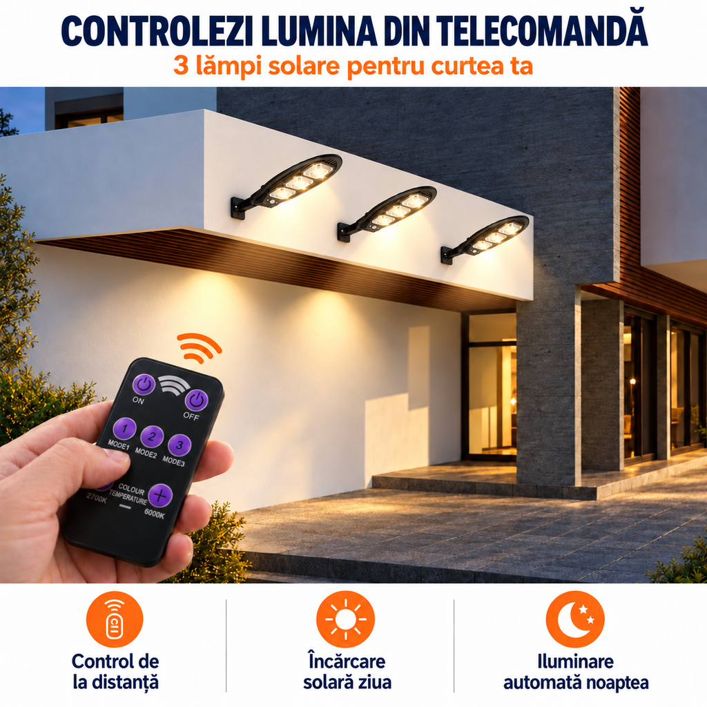 SET 3 x Lampa Stradala VISURON™ 180W, Incarcare Solara, 49 CM