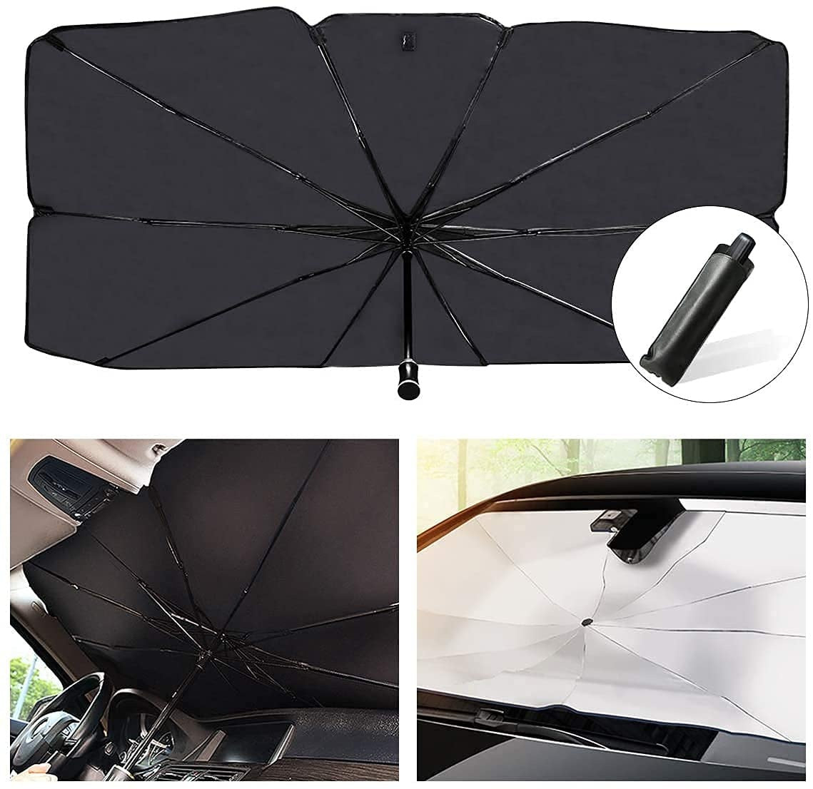 Parasolar parbriz tip umbrela, pliabil, protectie UV, 400g, 130 x 75 cm, gri/negru
