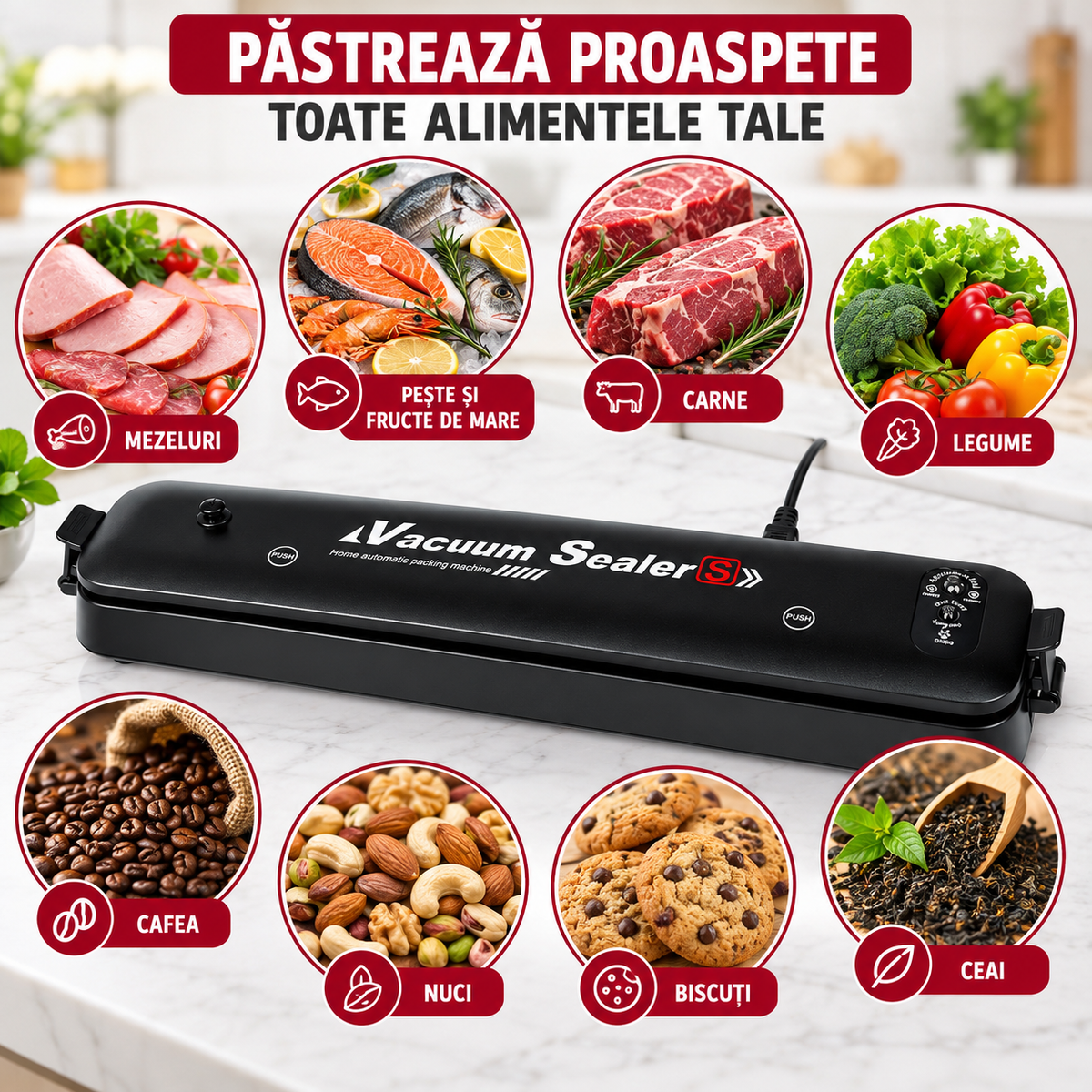 Aparat de Vidat Alimente VISURON®, Sigilare Automată, Păstrarea Prospețimii, Design Compact, 10 Pungi Incluse