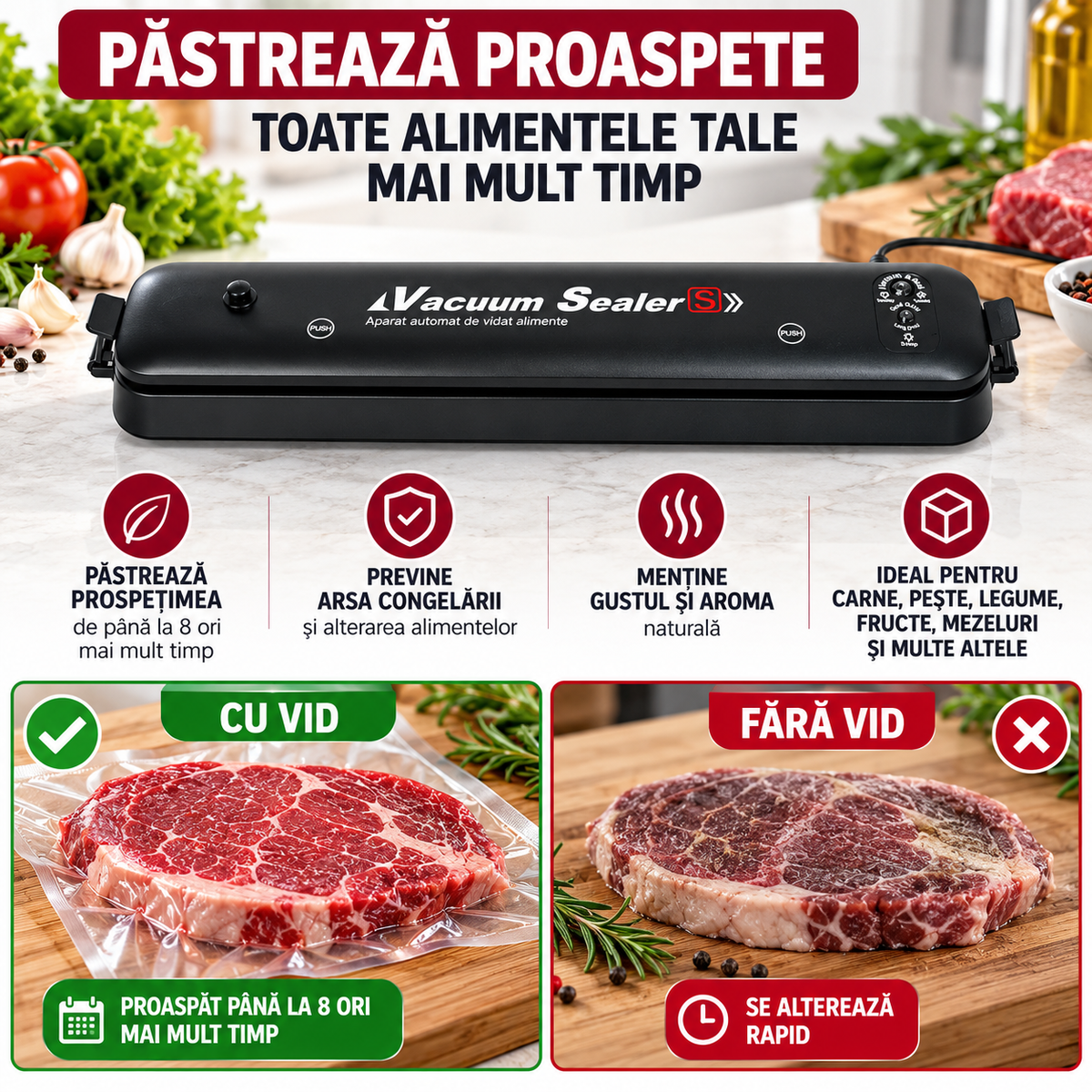 Aparat de Vidat Alimente VISURON®, Sigilare Automată, Păstrarea Prospețimii, Design Compact, 10 Pungi Incluse