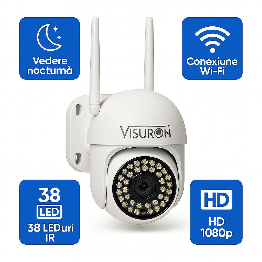Camera de supraveghere VISURON™ WIFI, vedere nocturna, rotire, comunicare bidirectionala, stocare card/cloud, senzor miscare, utilizare interior si exterior