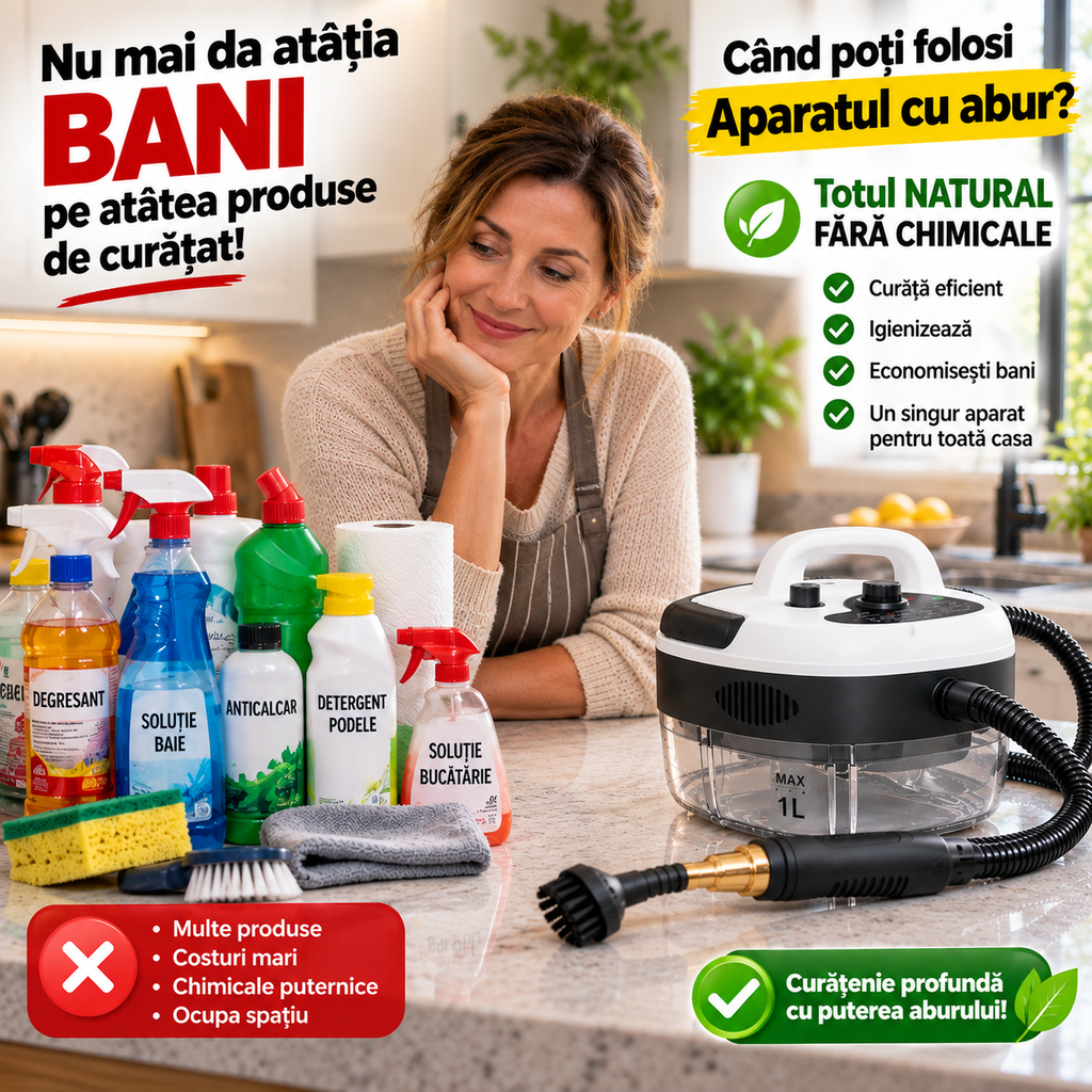 Aparat de Curățat cu Abur, 2500W, Rezervor 1L, 14 Accesorii, Presiune Înaltă
