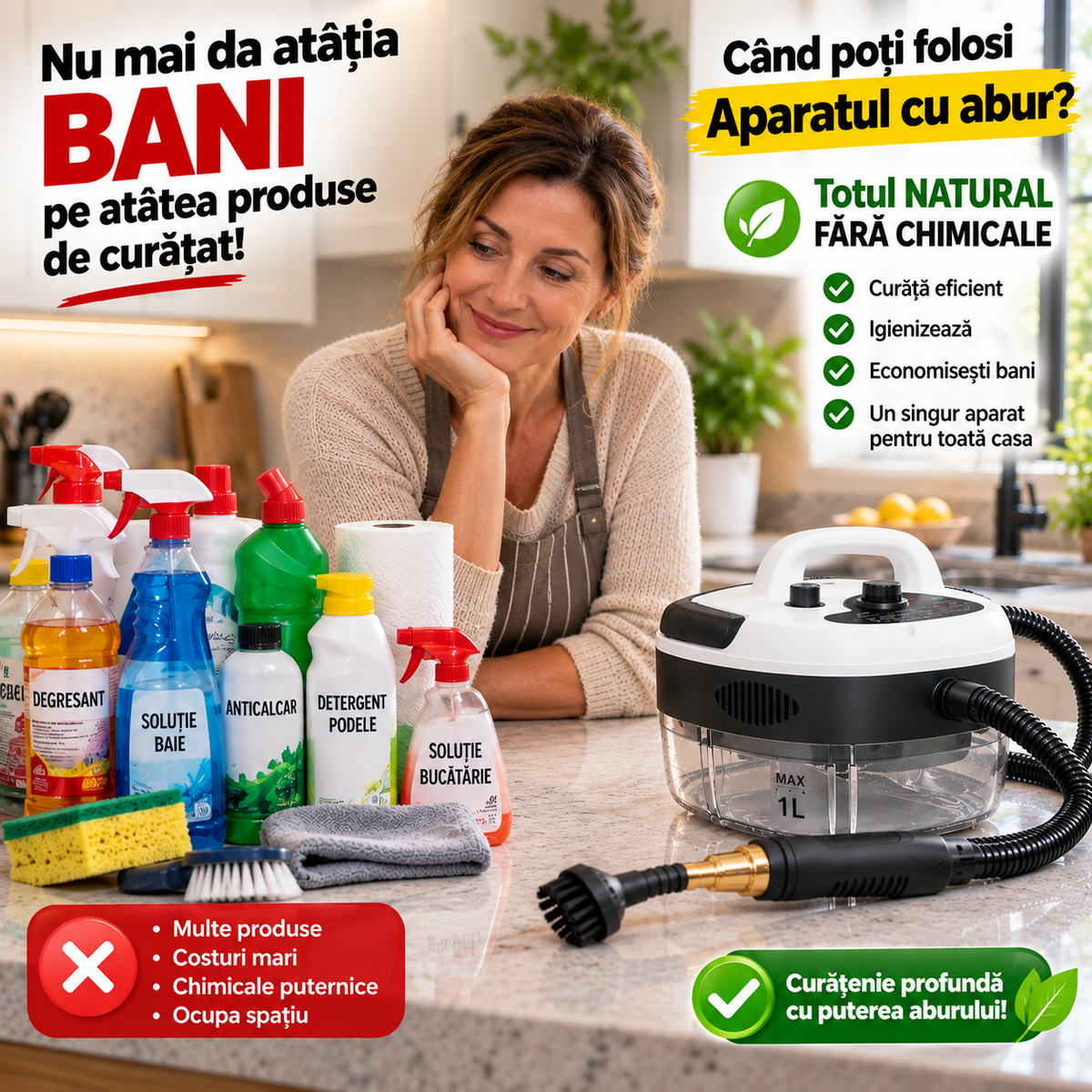 Aparat de Curățat cu Abur, 2500W, Rezervor 1L, 14 Accesorii, Presiune Înaltă