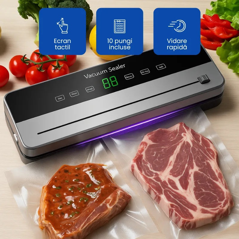 Aparat Profesional de Vidat și Sigilat Alimente Cu 10 Pungi Incluse
