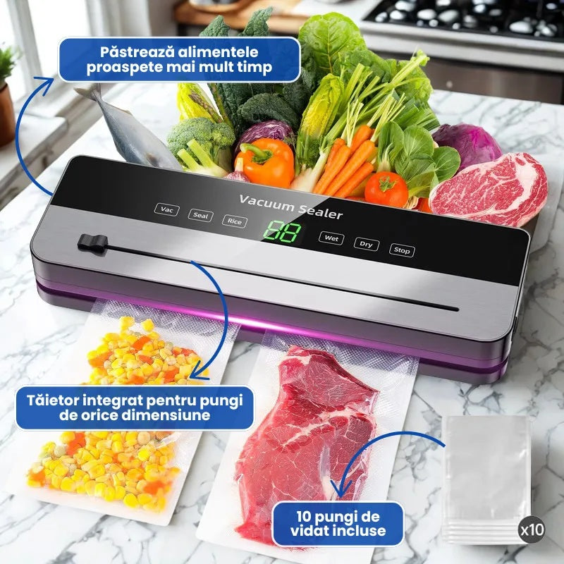 Aparat Profesional de Vidat și Sigilat Alimente Cu 10 Pungi Incluse