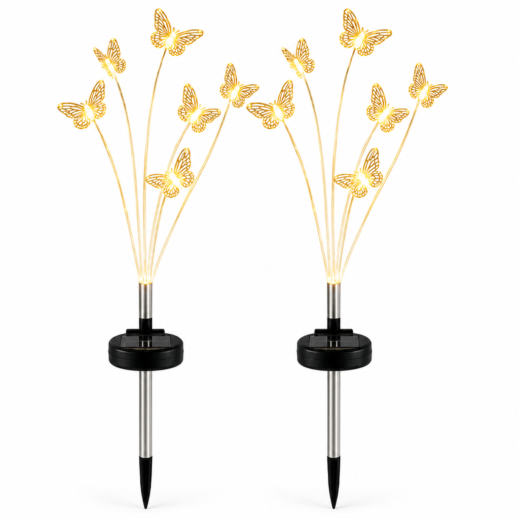Set 2 x Lămpa Solara LED Decorativa Fluture 70 cm, 6 Fire Flexibile, Aprindere Automată, IP66, Iluminare Alb Cald pentru