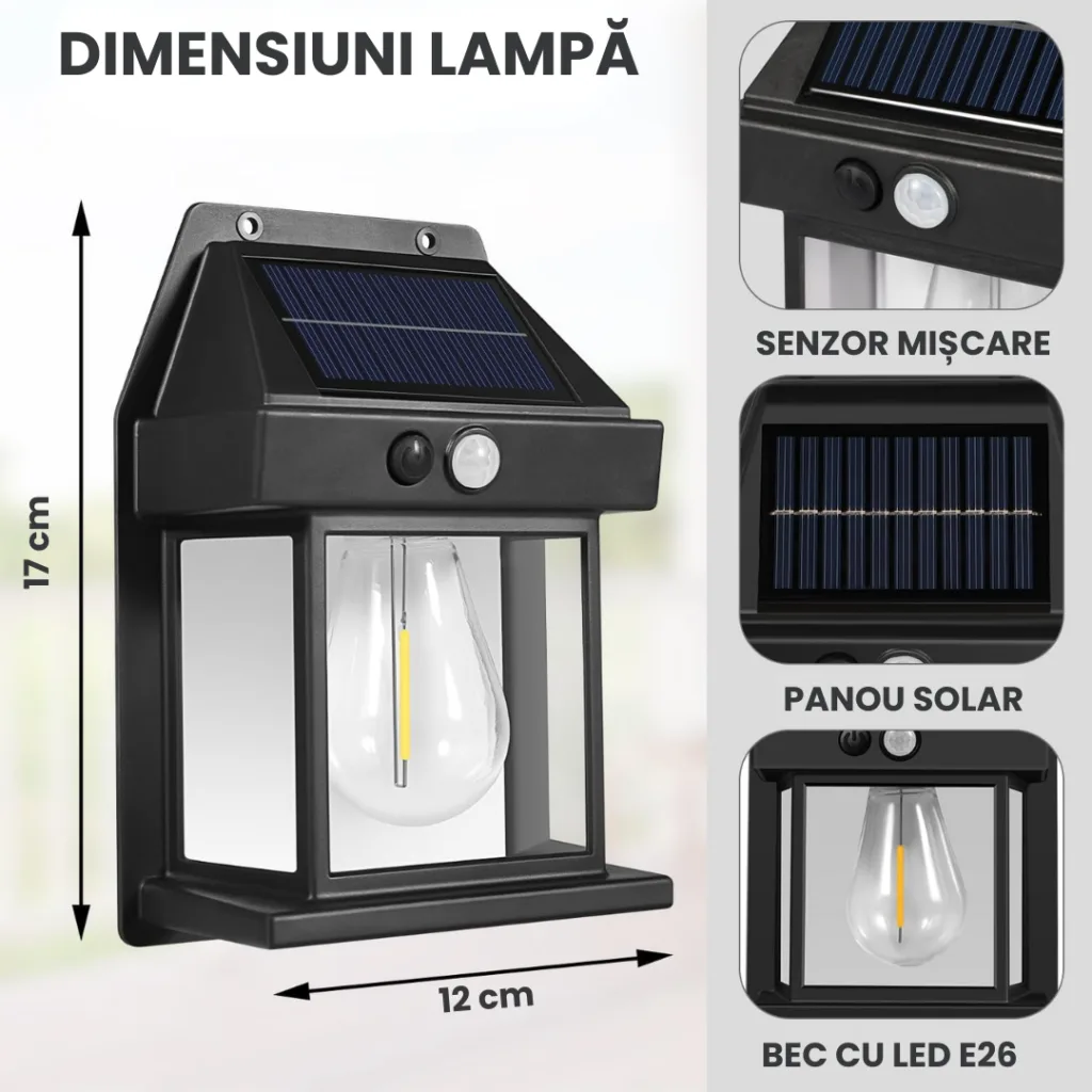 Lampa Solara Vintage de exterior, Senzor de mișcare, 3 moduri de lumină, Negru