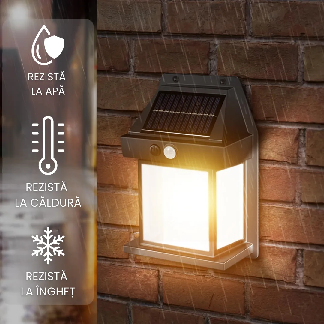 Lampa Solara Vintage de exterior, Senzor de mișcare, 3 moduri de lumină, Negru