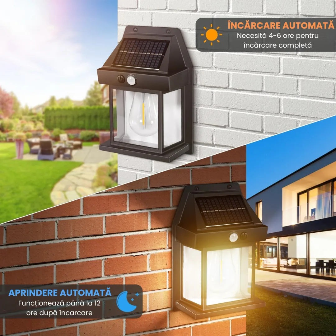 Lampa Solara Vintage de exterior, Senzor de mișcare, 3 moduri de lumină, Negru