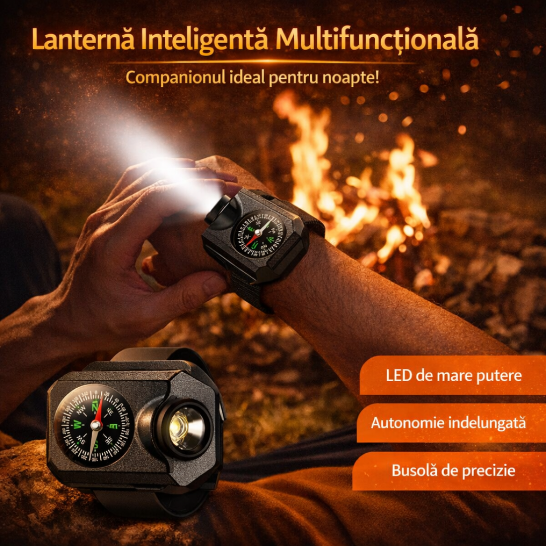 Bratara Multifunctionala cu Busola si Lanterna, USB, potrivita pentru camping si drumetii, 500mAh, compacta si portabila, neagra