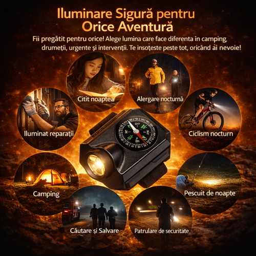 Bratara Multifunctionala cu Busola si Lanterna, USB, potrivita pentru camping si drumetii, 500mAh, compacta si portabila, neagra