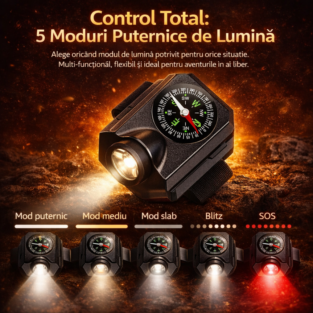 Bratara Multifunctionala cu Busola si Lanterna, USB, potrivita pentru camping si drumetii, 500mAh, compacta si portabila, neagra